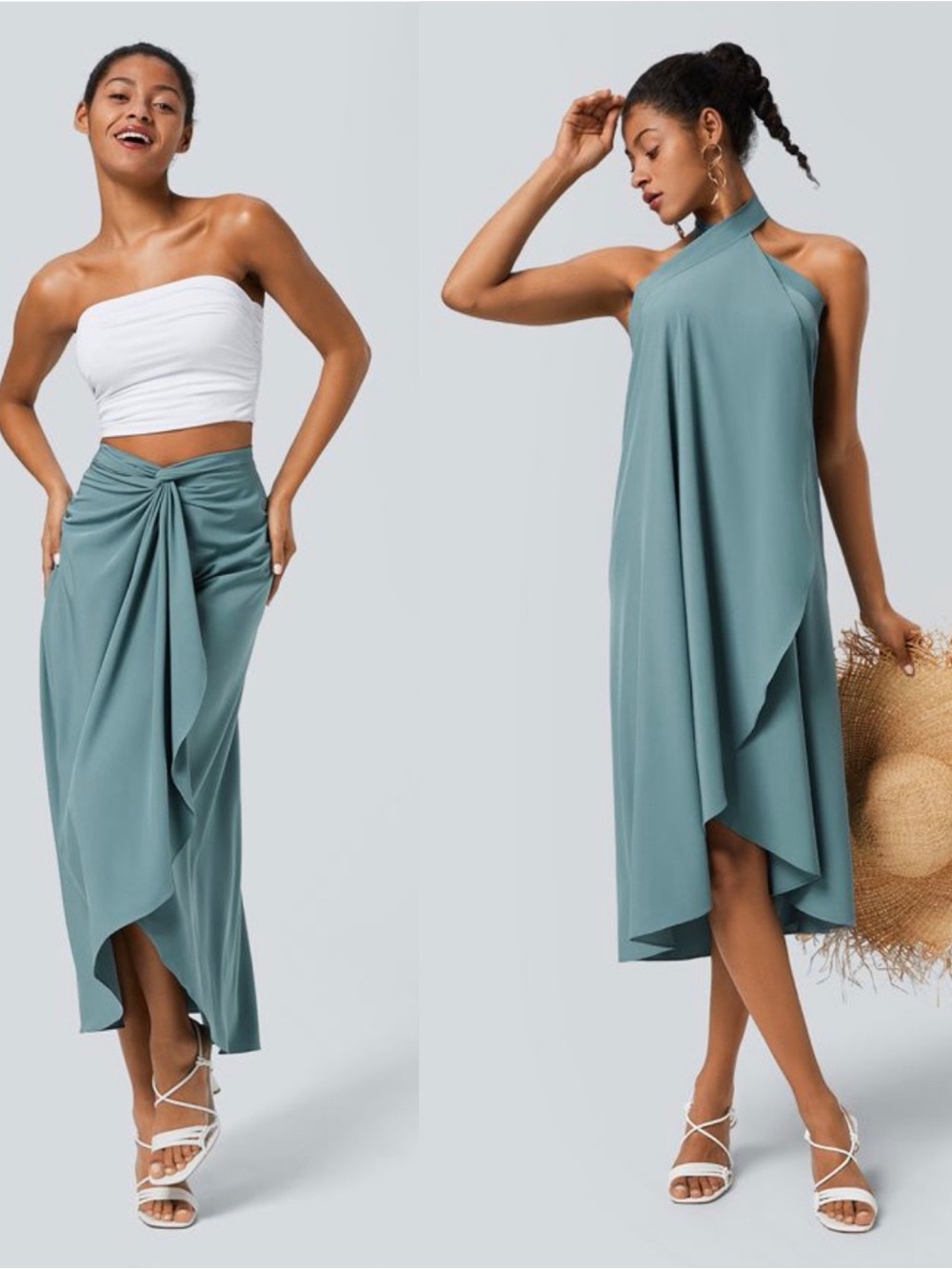 Halara Breezeful 2-in-1 Wrap Midi Skirt Halter Dress XS Stone Blue NWT